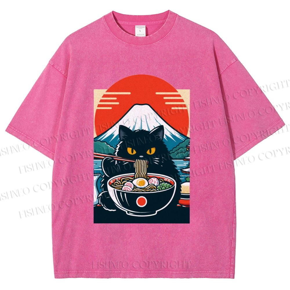 Unisex Black Cat Having Ramen Mount Fuji Printed Washed Tee