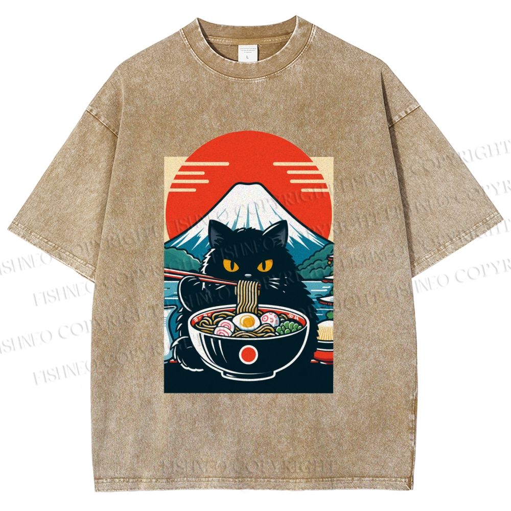 Unisex Black Cat Having Ramen Mount Fuji Printed Washed Tee