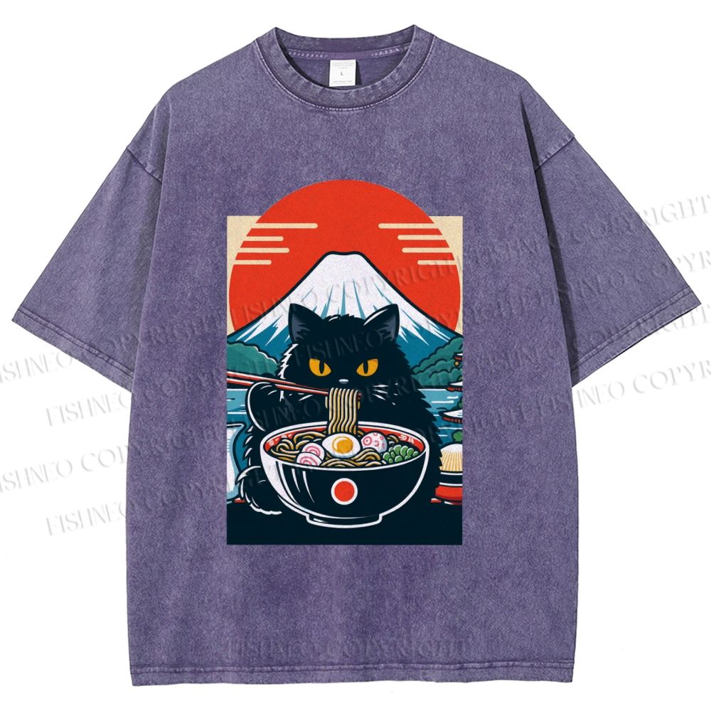 Unisex Black Cat Having Ramen Mount Fuji Printed Washed Tee
