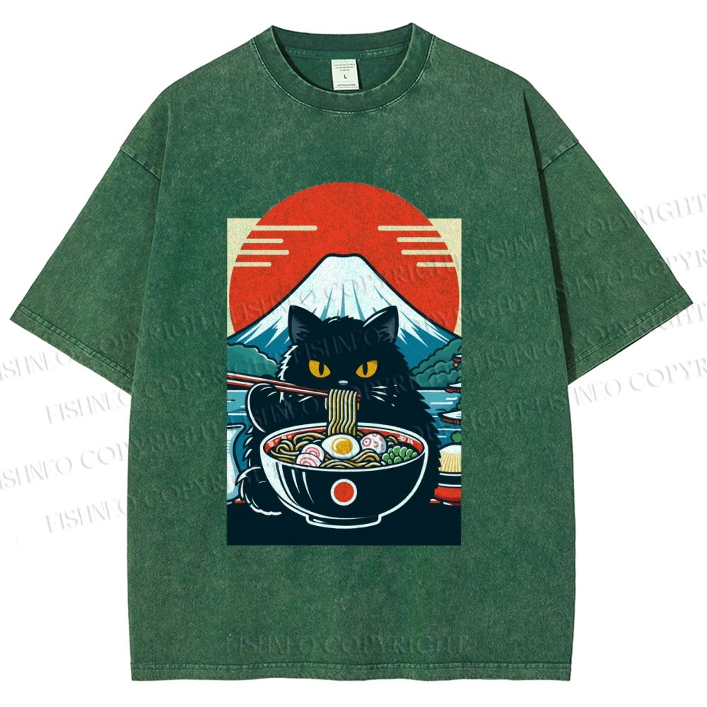 Unisex Black Cat Having Ramen Mount Fuji Printed Washed Tee