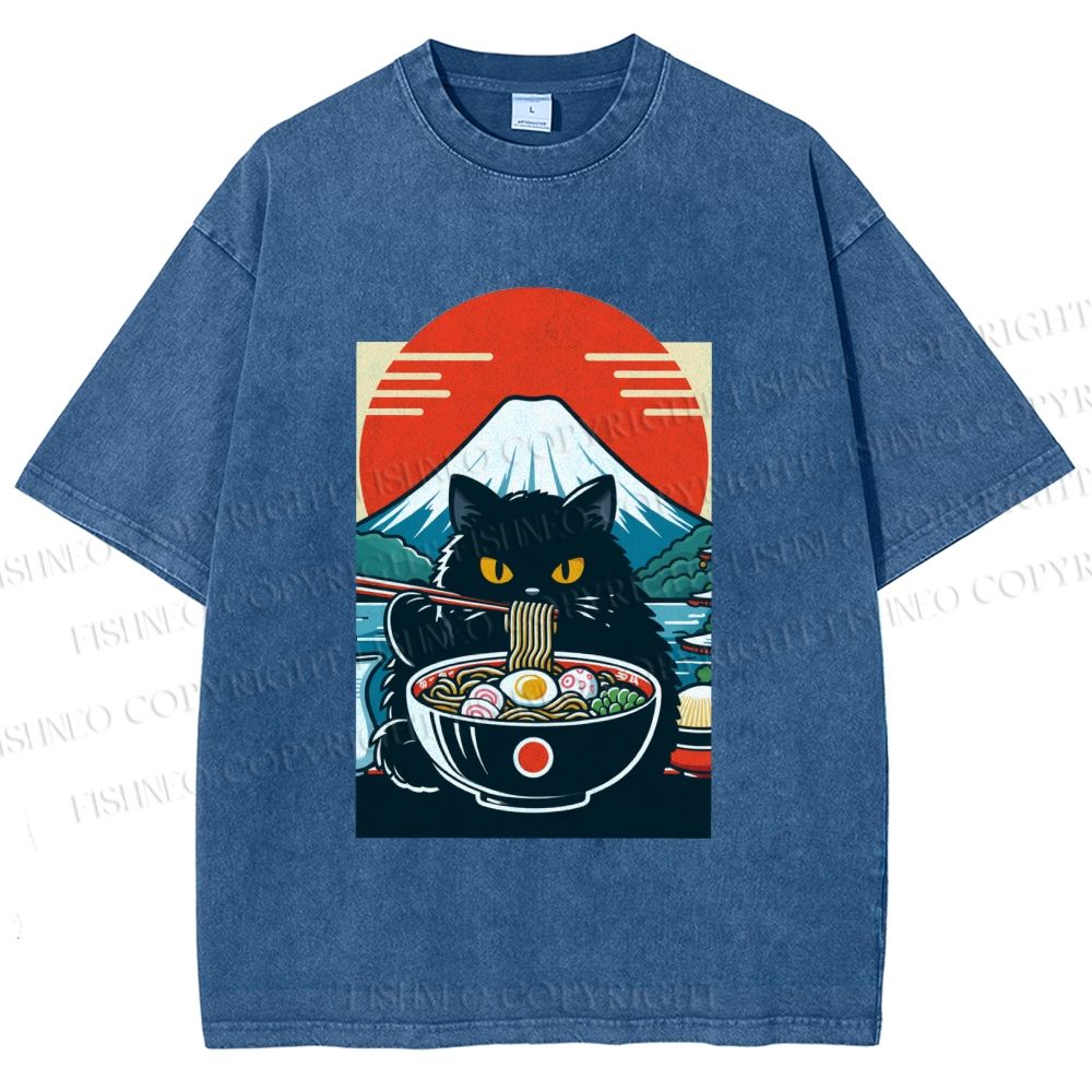 Unisex Black Cat Having Ramen Mount Fuji Printed Washed Tee