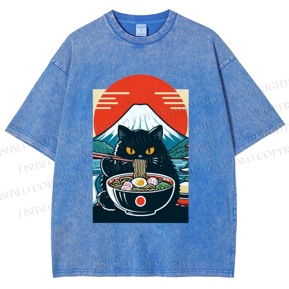 Unisex Black Cat Having Ramen Mount Fuji Printed Washed Tee