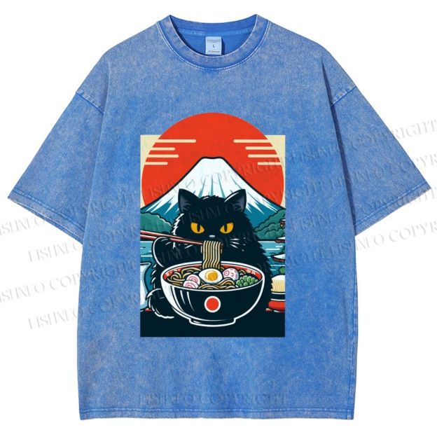 Unisex Black Cat Having Ramen Mount Fuji Printed Washed Tee