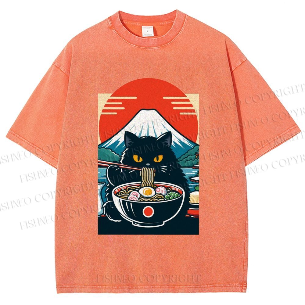 Unisex Black Cat Having Ramen Mount Fuji Printed Washed Tee