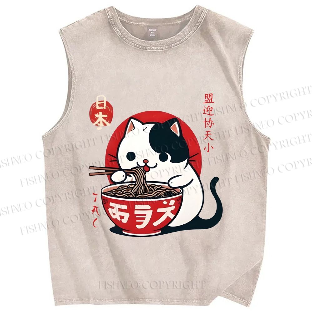 Unisex Japanese Ramen Cat Printed Washed Tank Top