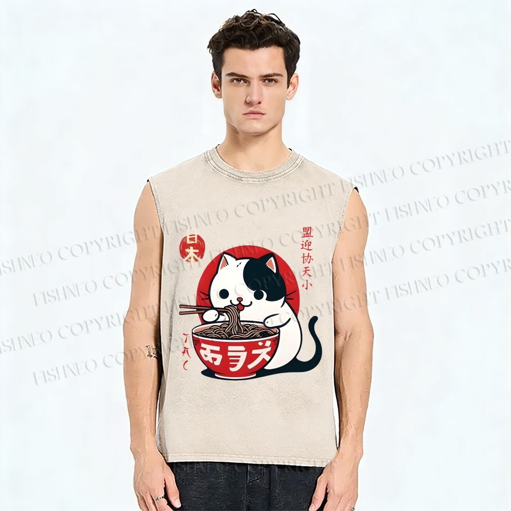 Unisex Japanese Ramen Cat Printed Washed Tank Top