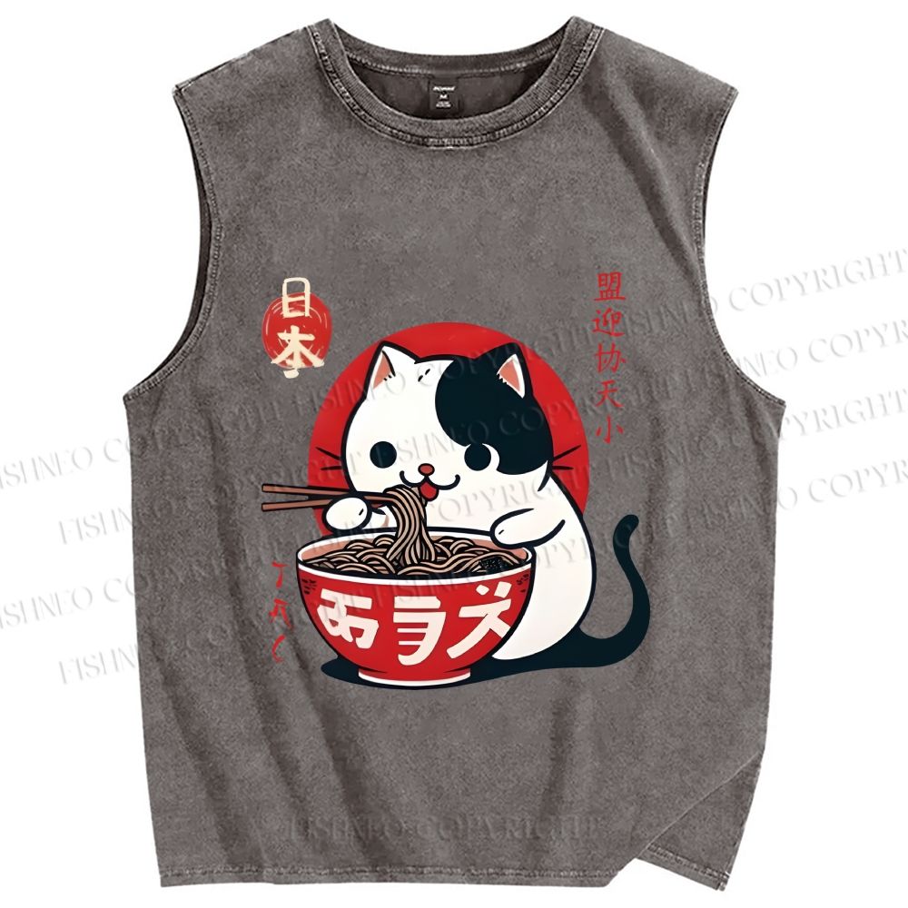 Unisex Japanese Ramen Cat Printed Washed Tank Top