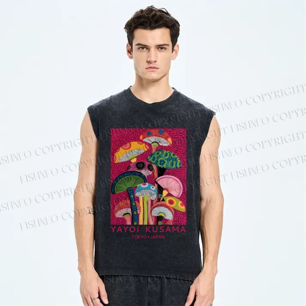 Unisex Yayoi Kusama Mushroom Printed Washed Tank Top