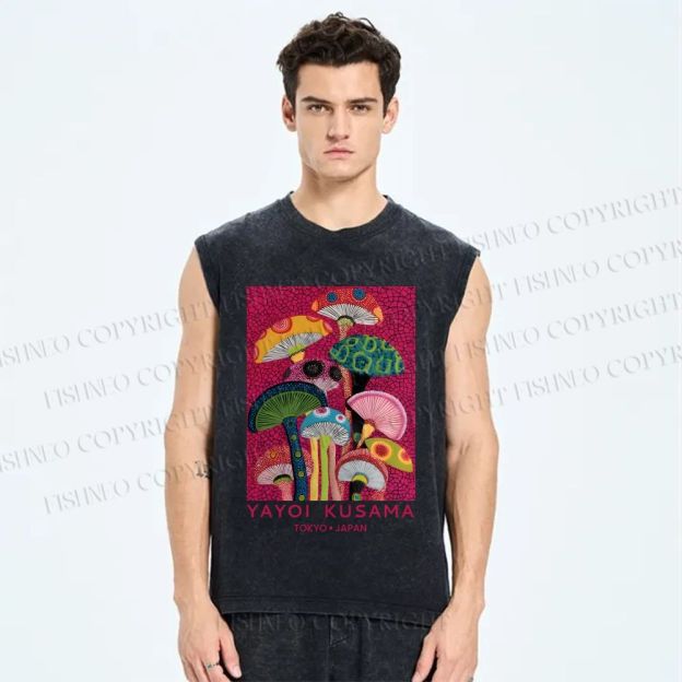 Unisex Yayoi Kusama Mushroom Printed Washed Tank Top