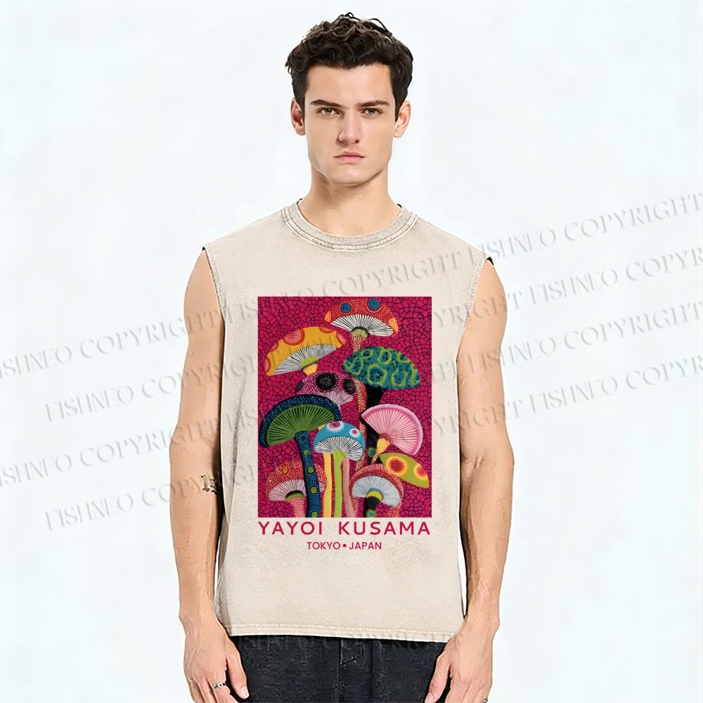 Unisex Yayoi Kusama Mushroom Printed Washed Tank Top