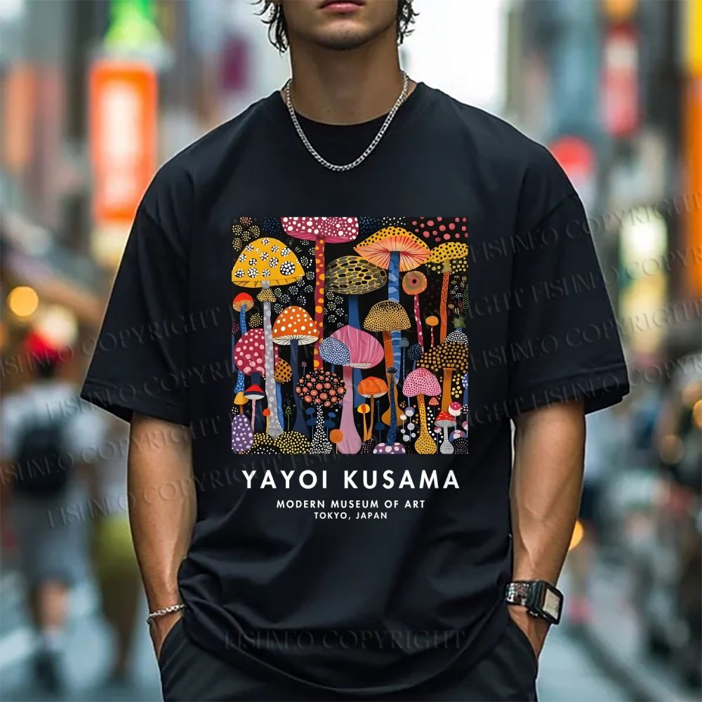 Unisex Classic Yayoi Kusama Colorful Mushroom Printed Cotton Printed T-shirt