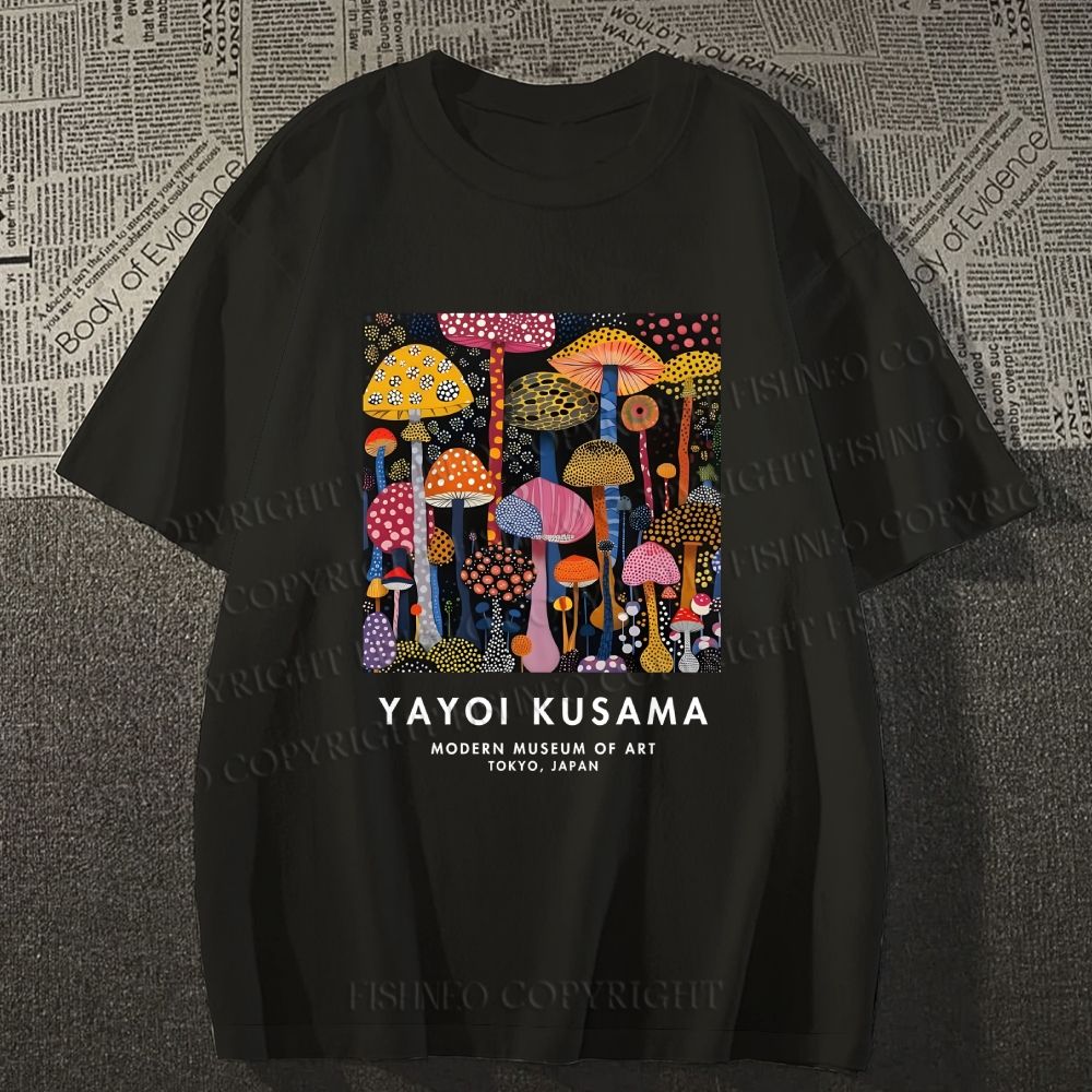 Unisex Classic Yayoi Kusama Colorful Mushroom Printed Cotton Printed T-shirt
