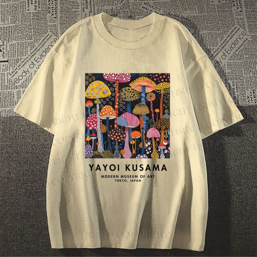 Unisex Classic Yayoi Kusama Colorful Mushroom Printed Cotton Printed T-shirt