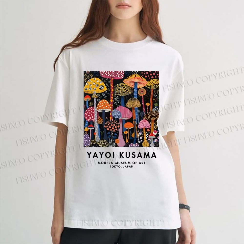 Unisex Classic Yayoi Kusama Colorful Mushroom Printed Cotton Printed T-shirt