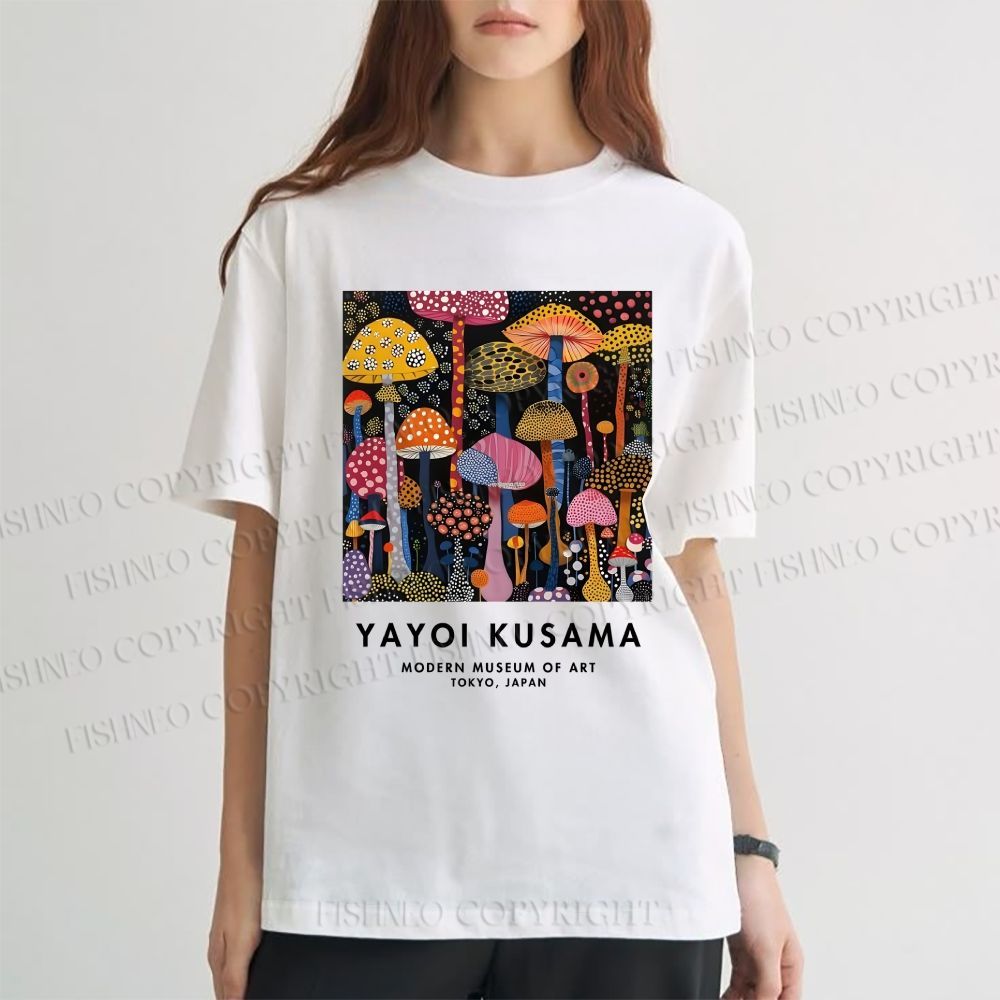 Unisex Classic Yayoi Kusama Colorful Mushroom Printed Cotton Printed T-shirt