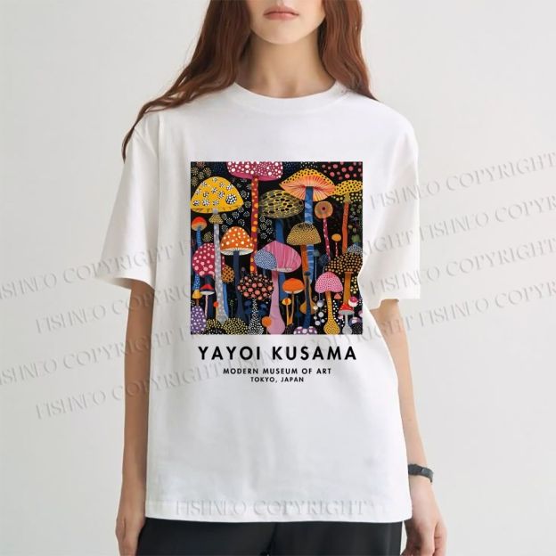 Unisex Classic Yayoi Kusama Colorful Mushroom Printed Cotton Printed T-shirt