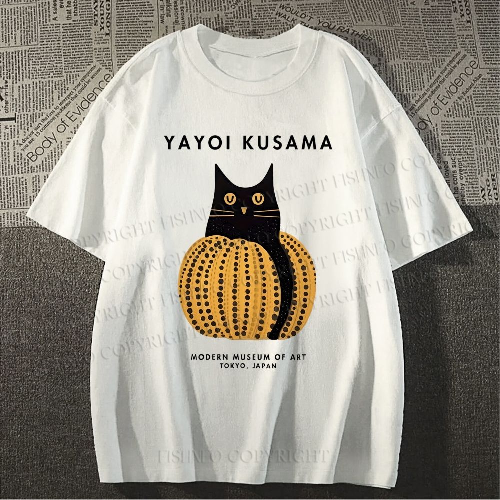 Unisex Classic Yayoi Kusama Pumpkin Cat Printed Cotton Printed T-shirt