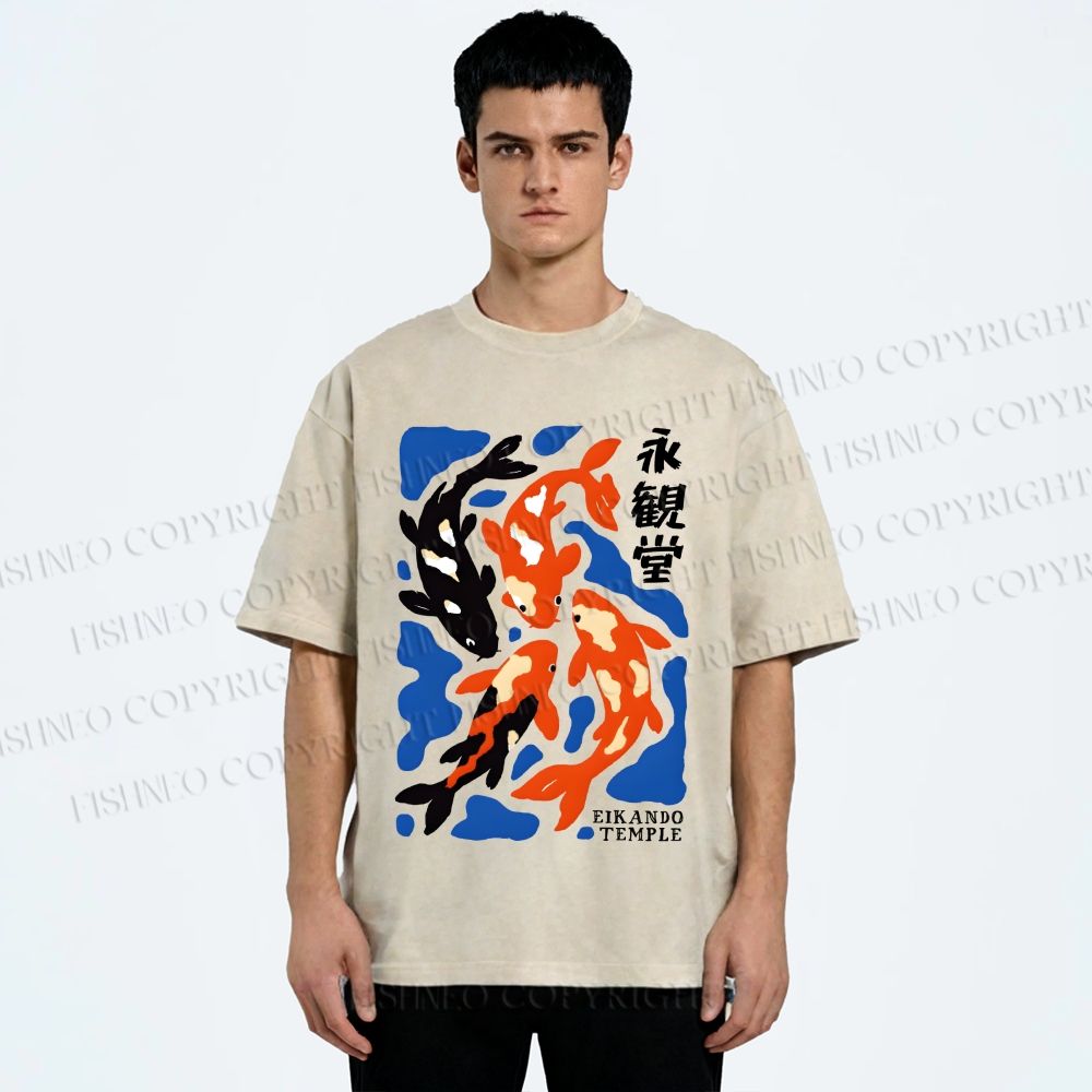 Unisex Koi Fish Japanese Printed Washed Tee
