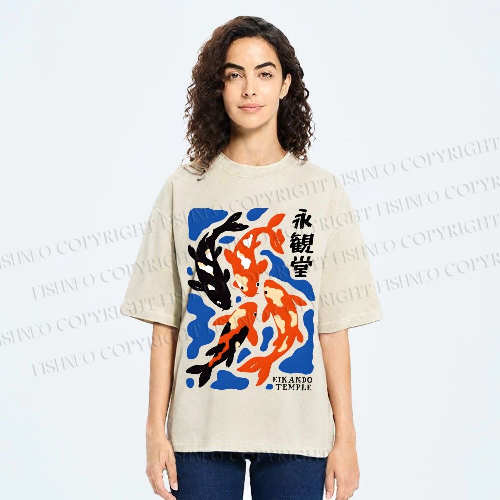 Unisex Koi Fish Japanese Printed Washed Tee