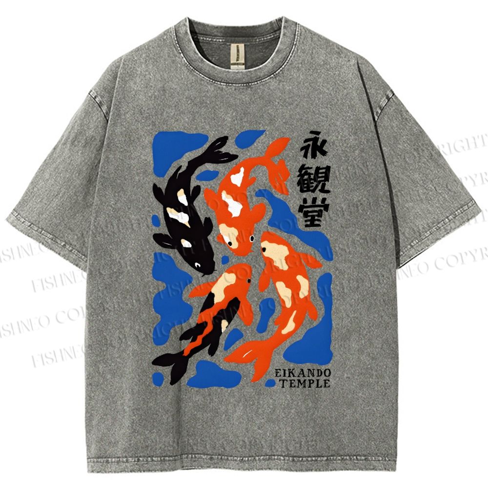 Unisex Koi Fish Japanese Printed Washed Tee