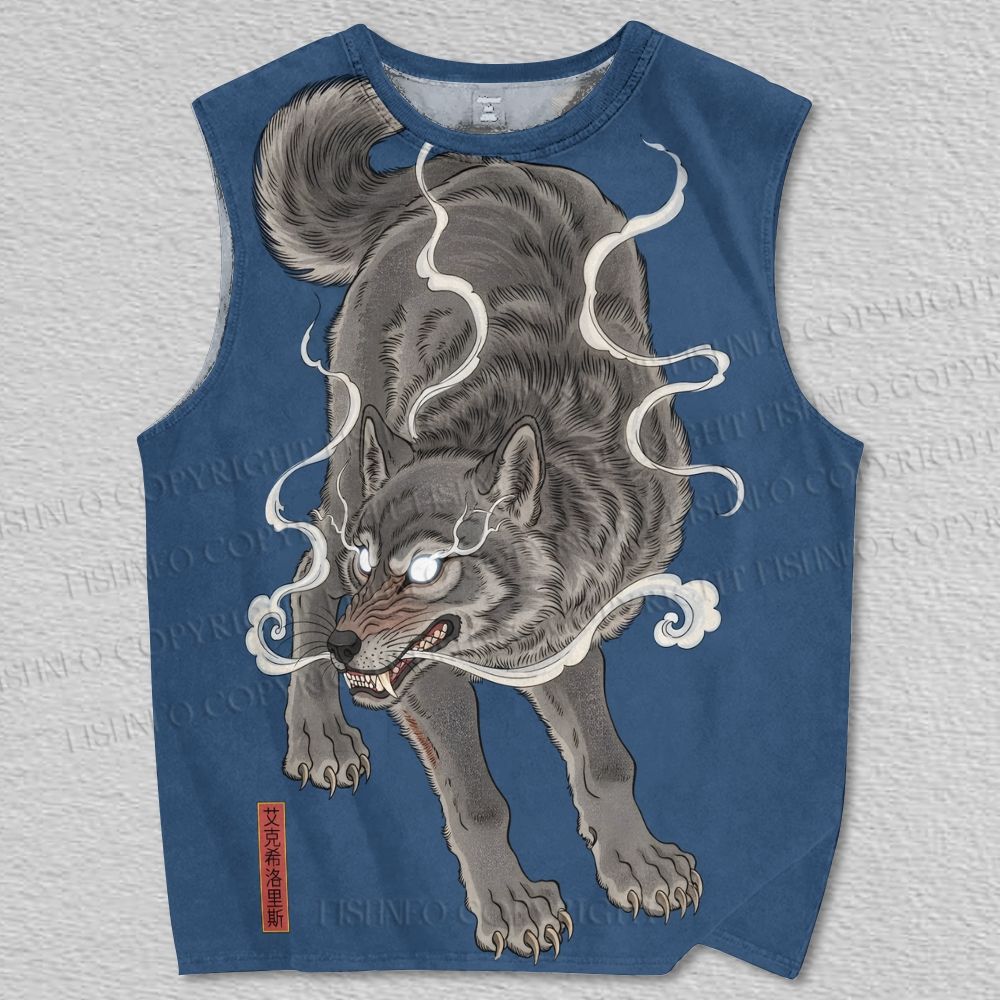 Unisex Japanese Tattoo Wolf Printed Tank Top