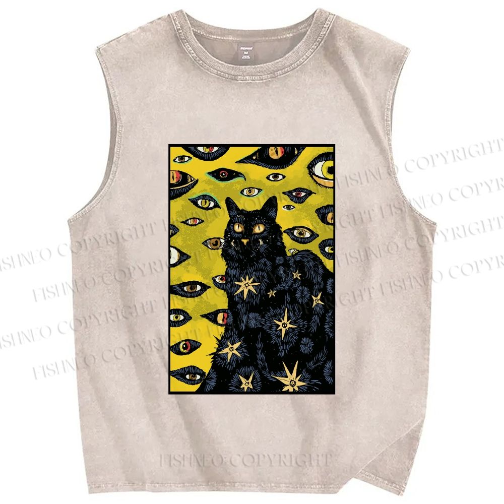 Unisex Cat With Many Eyes And Stars Printed Washed Tank Top