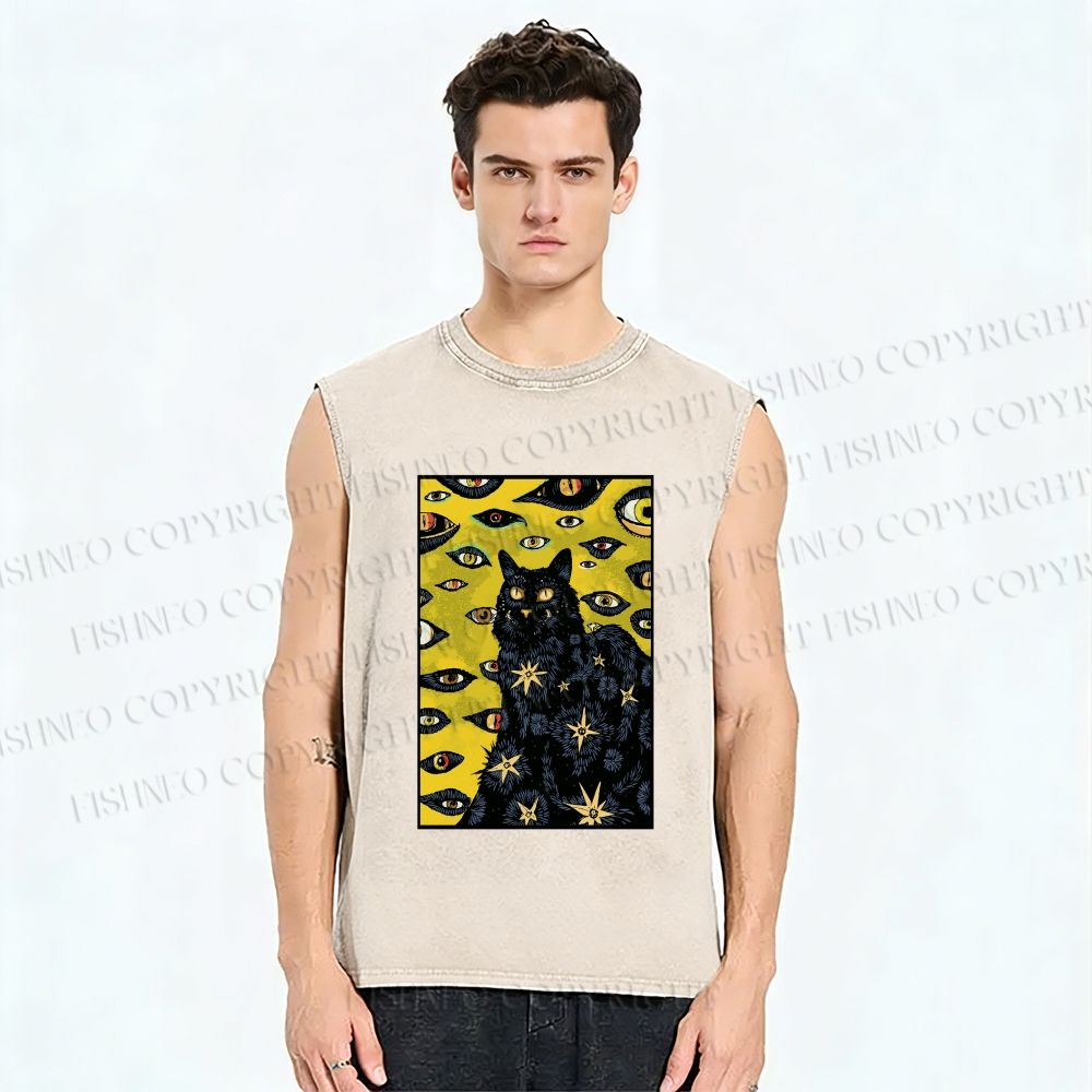 Unisex Cat With Many Eyes And Stars Printed Washed Tank Top