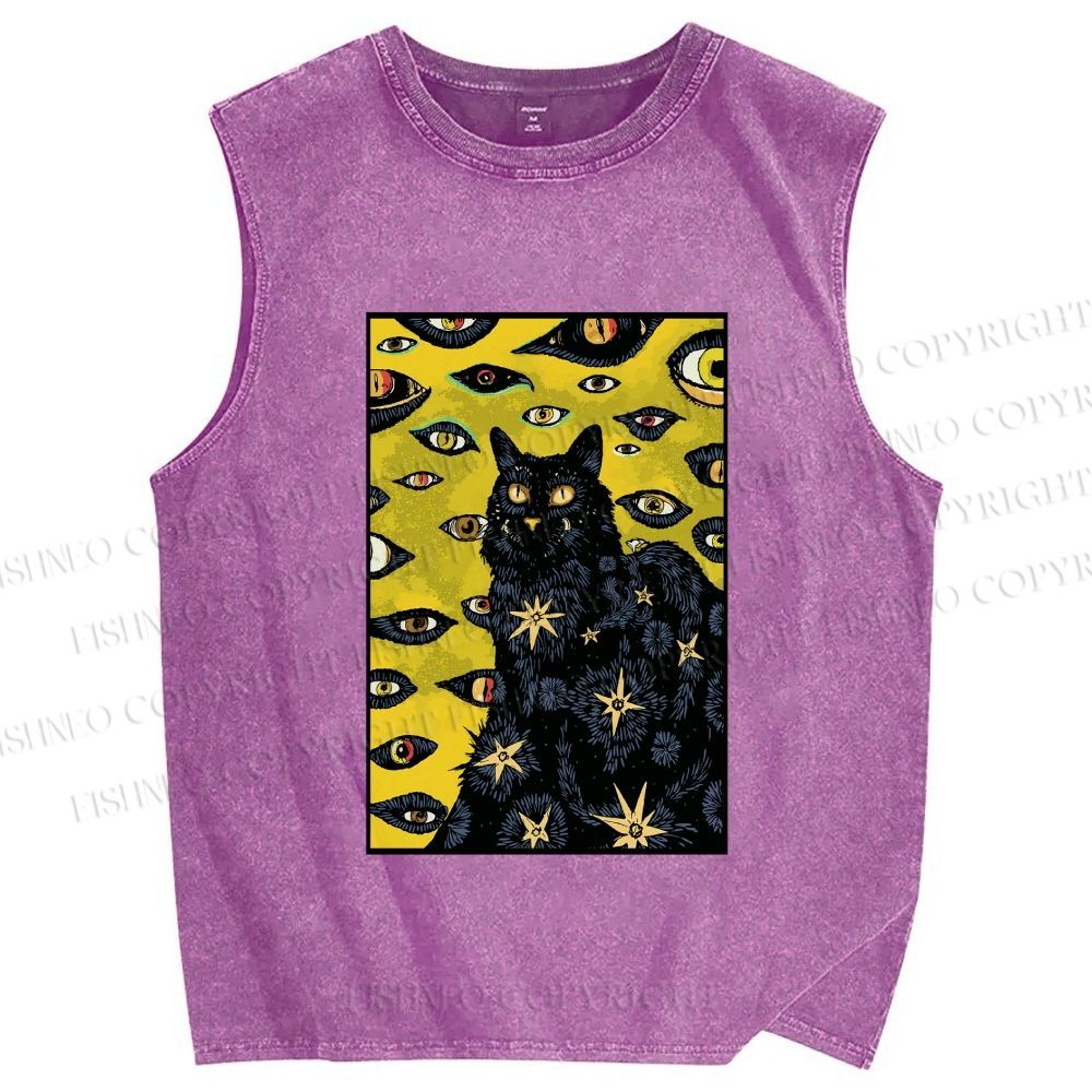 Unisex Cat With Many Eyes And Stars Printed Washed Tank Top