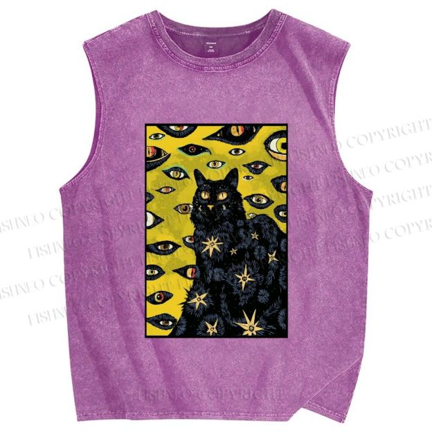 Unisex Cat With Many Eyes And Stars Printed Washed Tank Top