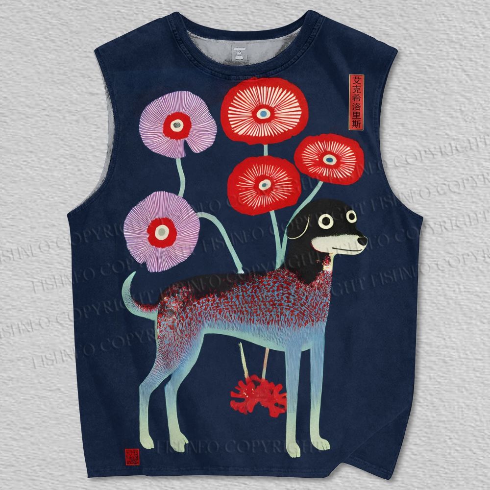 Unisex Vintage Flowers Dog Printed Tank Top