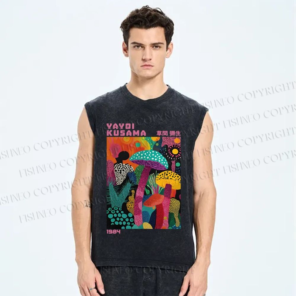Unisex Yayoi Kusama Multicolor Mushroom Printed Washed Tank Top