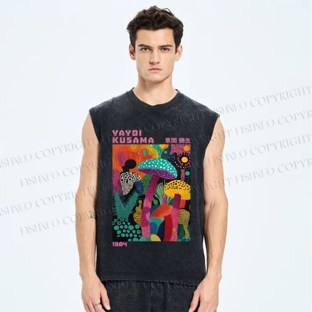 Unisex Yayoi Kusama Multicolor Mushroom Printed Washed Tank Top