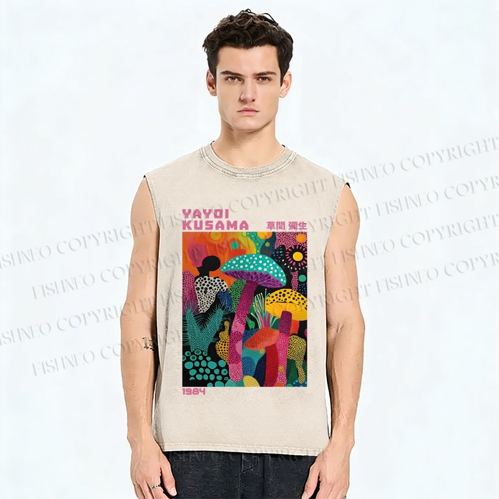 Unisex Yayoi Kusama Multicolor Mushroom Printed Washed Tank Top