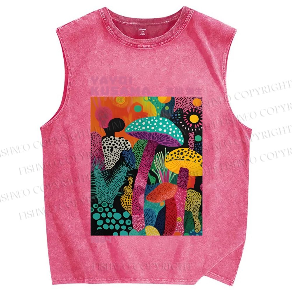 Unisex Yayoi Kusama Multicolor Mushroom Printed Washed Tank Top