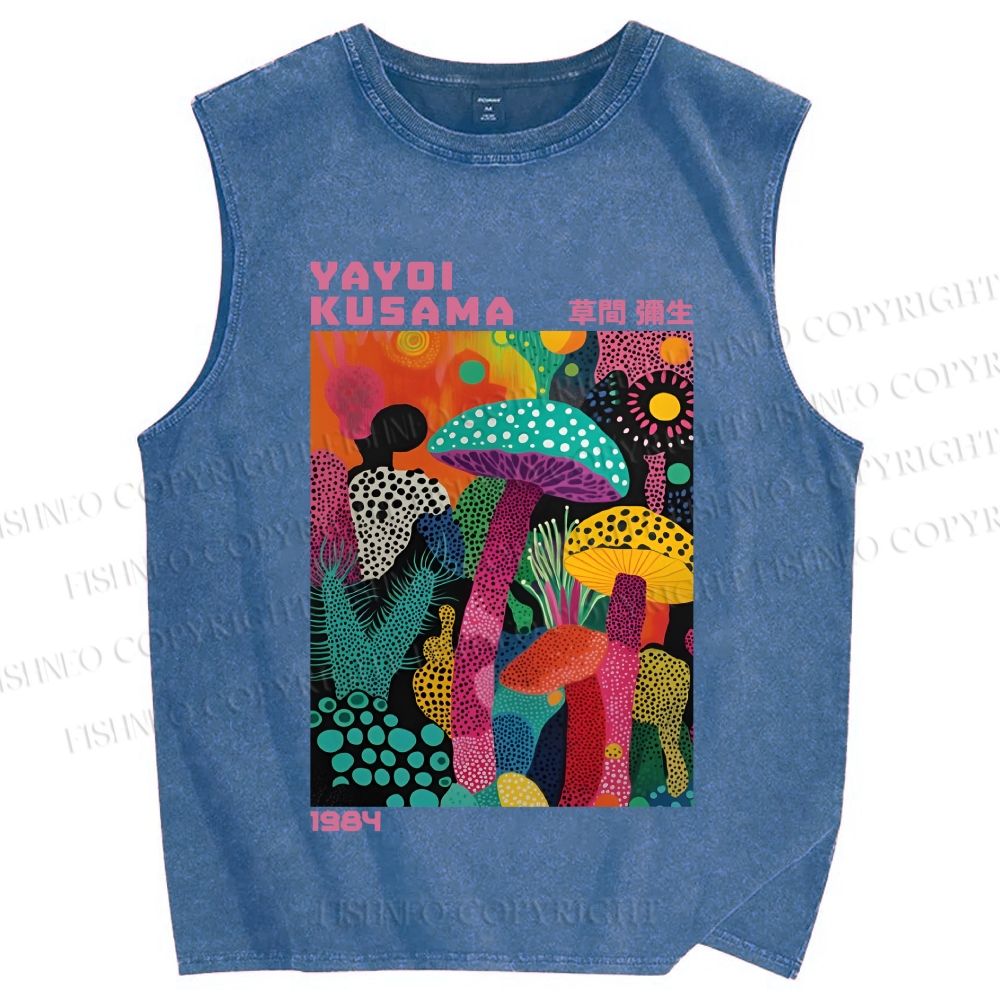 Unisex Yayoi Kusama Multicolor Mushroom Printed Washed Tank Top