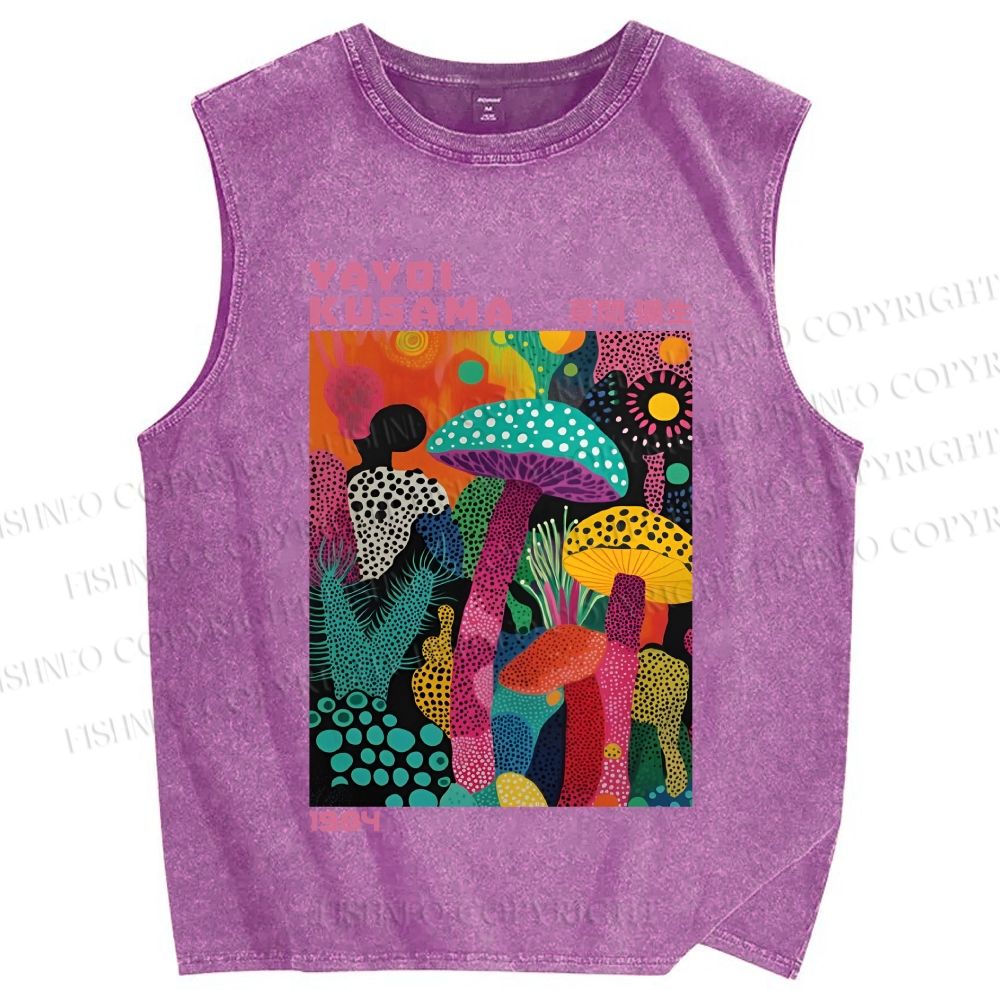 Unisex Yayoi Kusama Multicolor Mushroom Printed Washed Tank Top