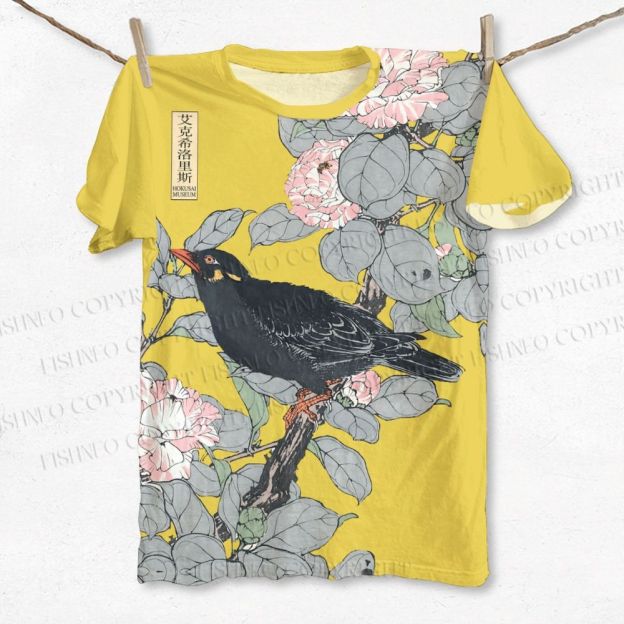 Unisex Vintage Bird in Flowers Printed Classic Cotton T-shirt