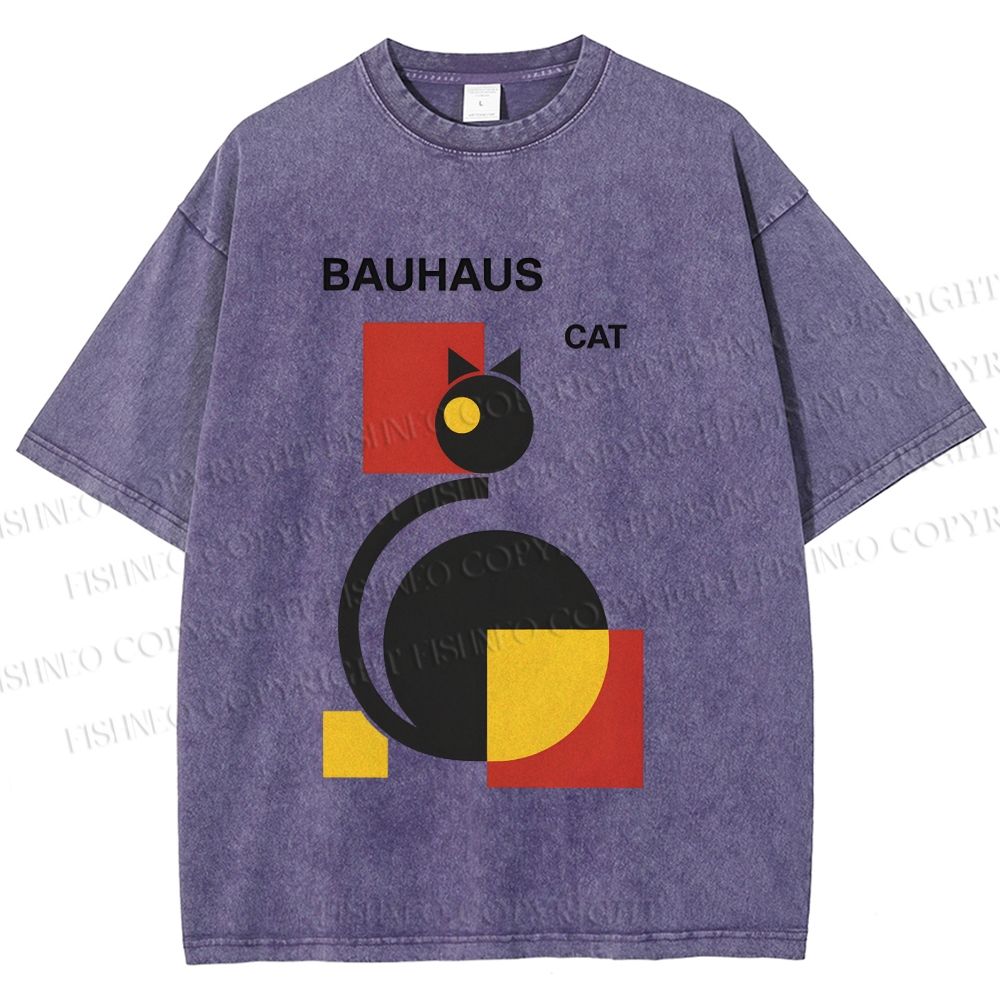 Unisex Bauhaus Geometric Cat Printed Washed Tee