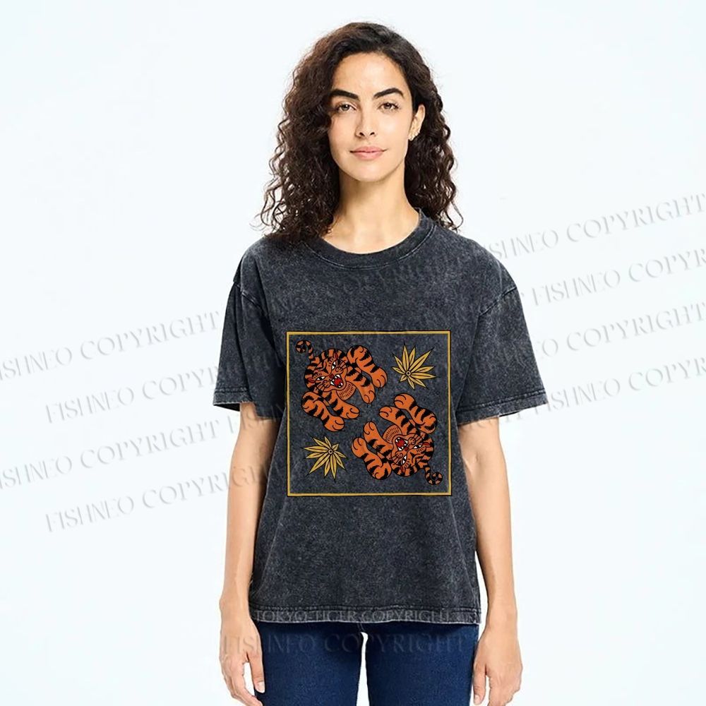 Unisex Two Funny Tigers Printed Washed Tee