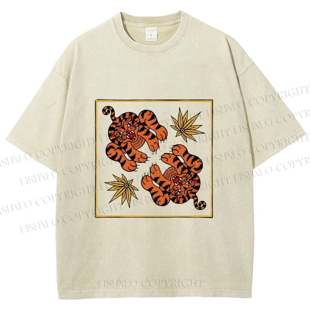 Unisex Two Funny Tigers Printed Washed Tee