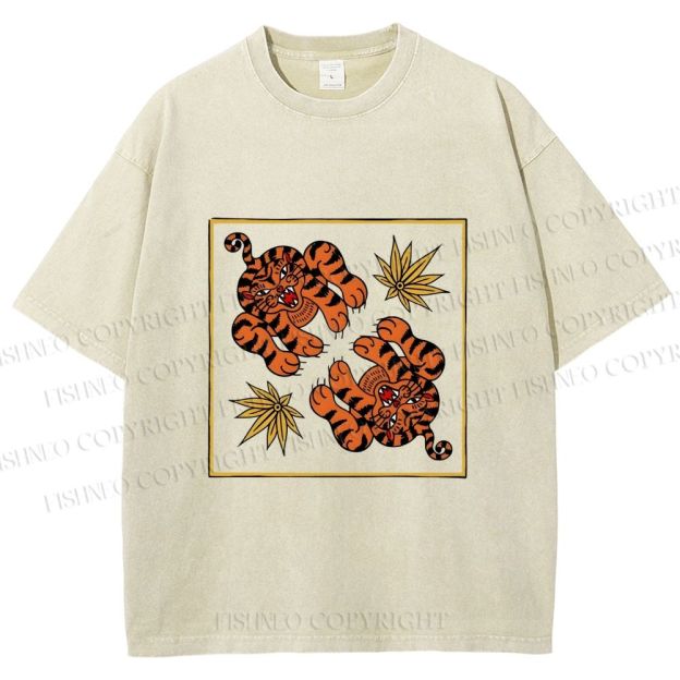 Unisex Two Funny Tigers Printed Washed Tee