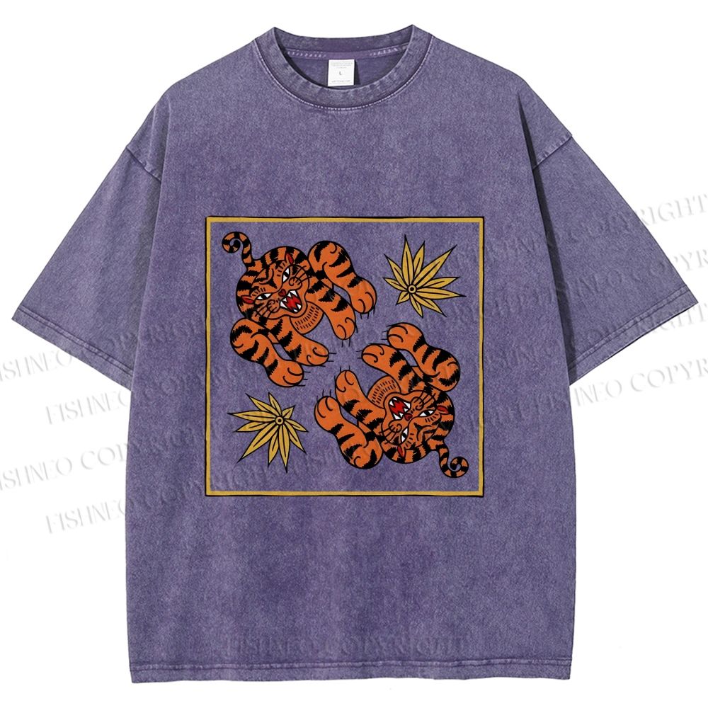 Unisex Two Funny Tigers Printed Washed Tee