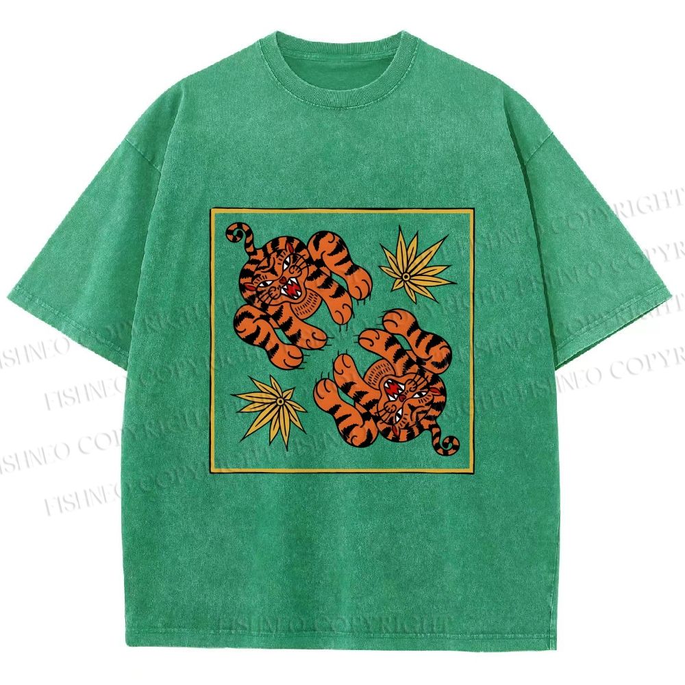 Unisex Two Funny Tigers Printed Washed Tee