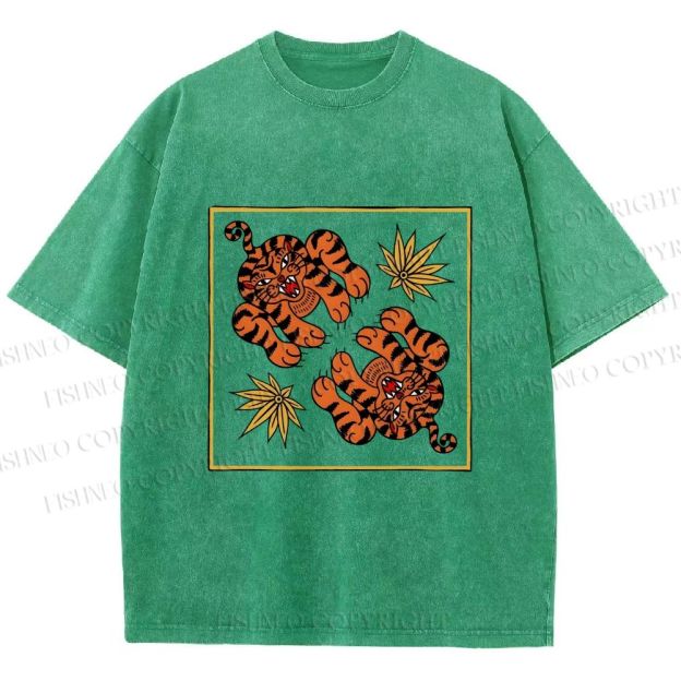 Unisex Two Funny Tigers Printed Washed Tee