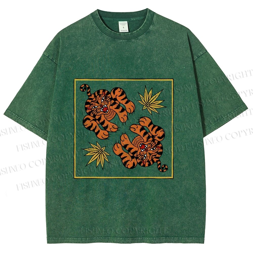 Unisex Two Funny Tigers Printed Washed Tee
