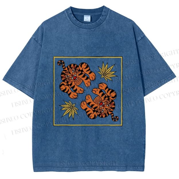Unisex Two Funny Tigers Printed Washed Tee
