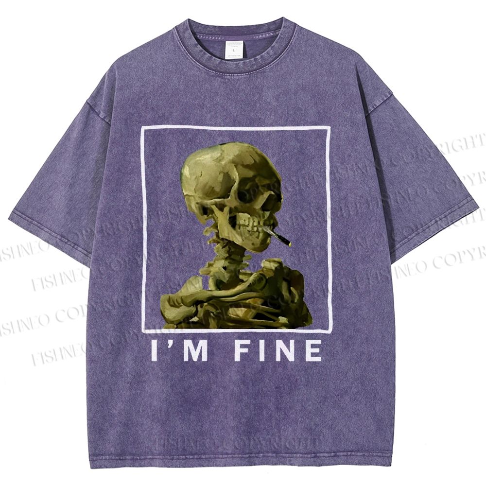 Unisex Skeleton Says Im Fine Printed Washed Tee