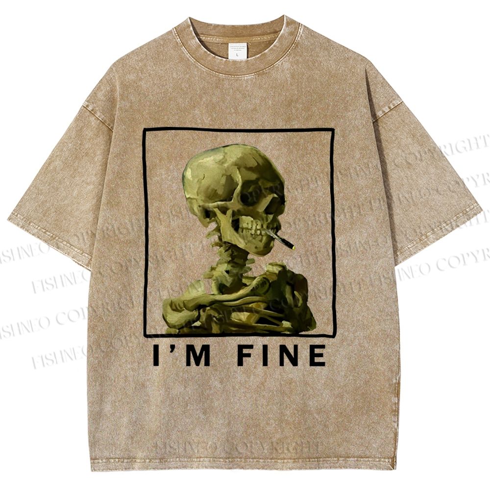 Unisex Skeleton Says Im Fine Printed Washed Tee