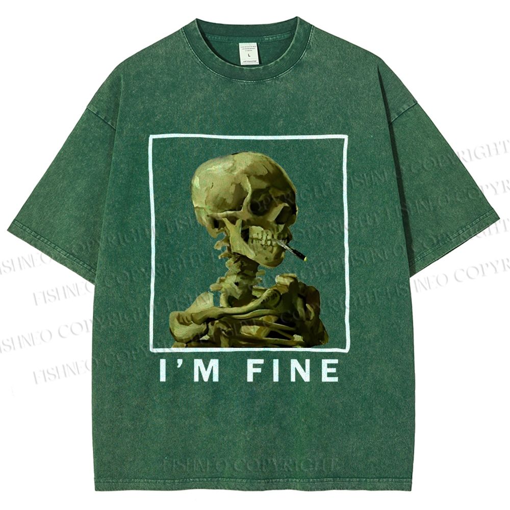 Unisex Skeleton Says Im Fine Printed Washed Tee