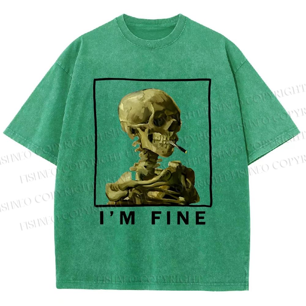 Unisex Skeleton Says Im Fine Printed Washed Tee